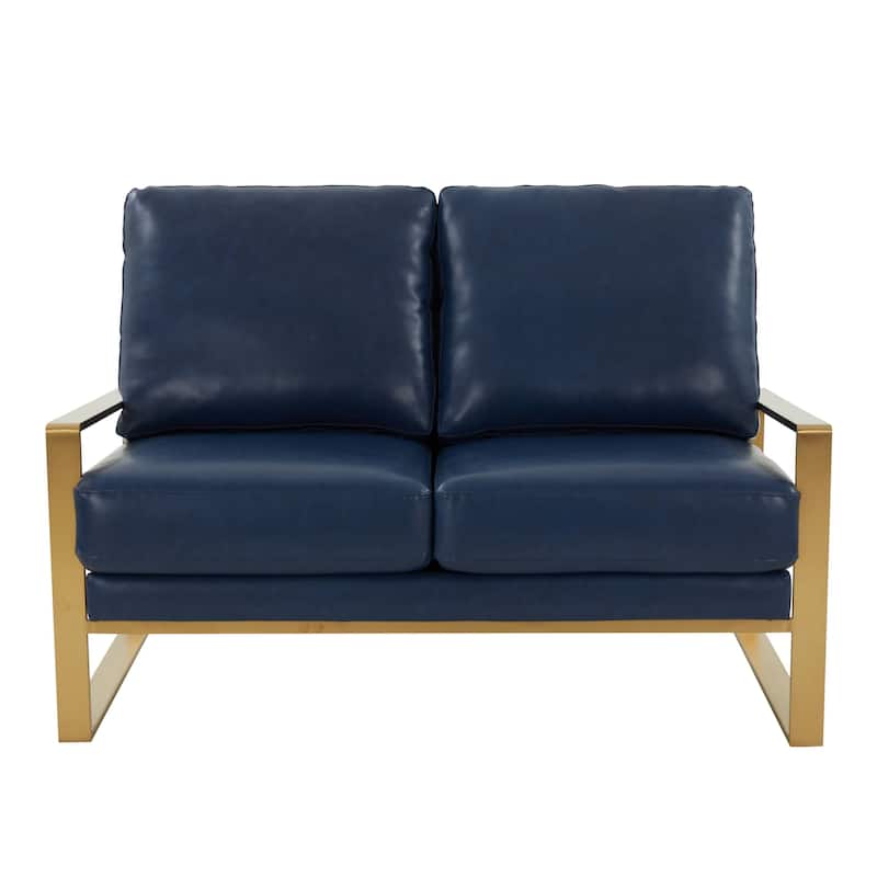 Jefferson Modern Leather Loveseat Gold with Gold Metal Base, Cushion Seating, Pocket Springs, and Protective Floor Pads - 53.1