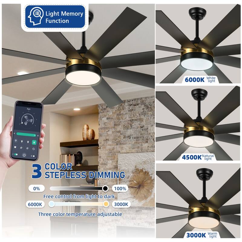 Moasis 60-inch 8 Blades Ceiling Fan with Light and Remote Control