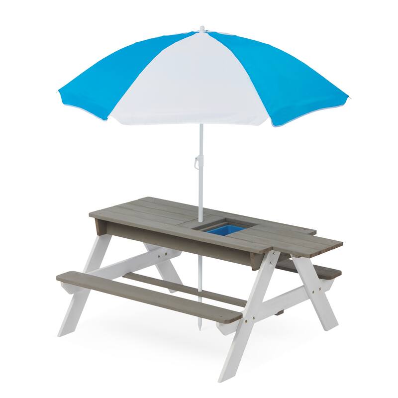 3-in-1 Kid Outdoor Wooden Picnic Table with Umbrella, Convertible Sand