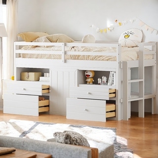 Twin Size Loft Bed with 4 Drawers and Underneath Cabinet, White