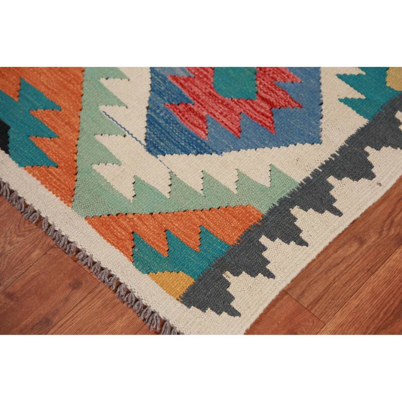 Hand Woven Oriental 100% Wool Carpet Southwestern All-Over Multi-Colored Kilim Runner Rug - 12' 10'' X 2' 9''