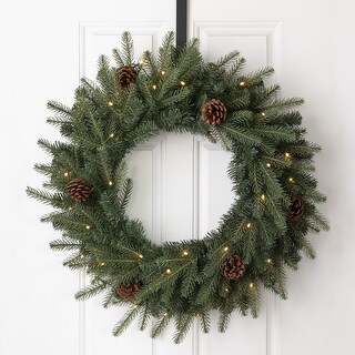 Glitzhome Pre-Lit Greenery Pine Cone Christmas Wreath with Warm White LED Light