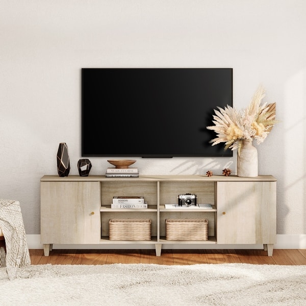 WAMPAT Farmhouse TV Stand For TVs Up To 75 Inches, Wood Cabinet With Glass Door-269739