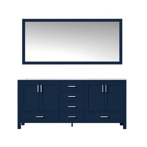 Jacques 72 in. W x 22 in. D Navy Blue Double Bath Vanity, Carrara Marble Top, Faucet Set, and 70 in. Mirror