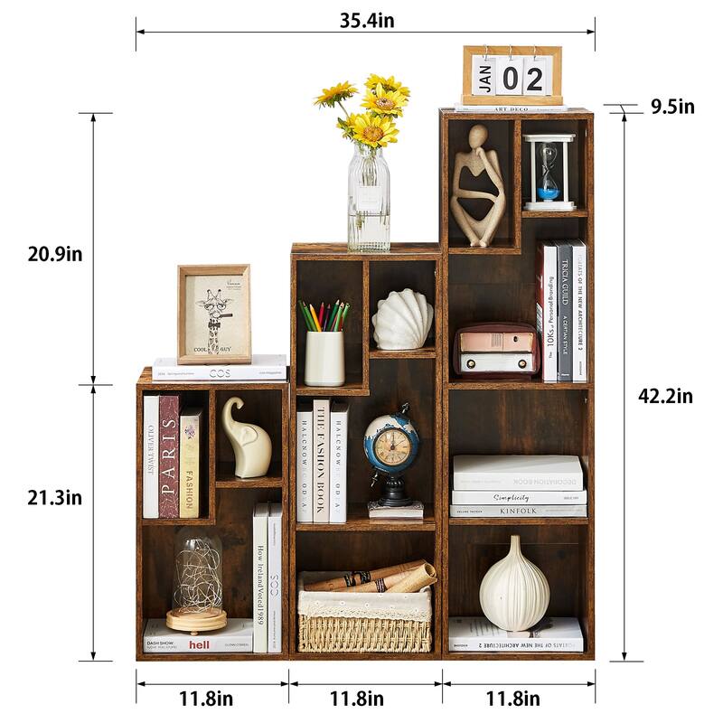 L Shaped Freestanding Ladder Corner Bookshelf, 12 Cubes Stepped Etagere Bookcase, Wooden Storage Cabinet Display Shelf