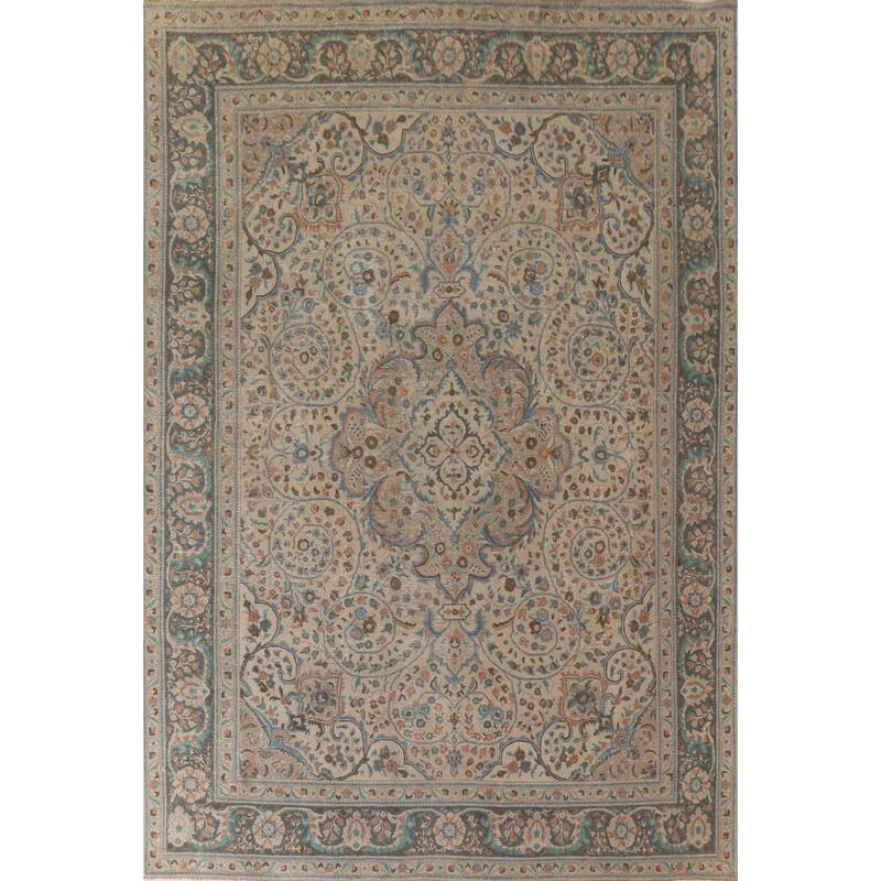 Hand Knotted Oriental 100% Wool Carpet Traditional Floral Beige & Ivories Tabriz Area Rug - 12' 3'' X 9' 8''