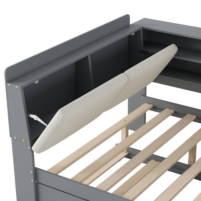 Wood Full Platform Bed with Trundle, Upholstered Headboard & Storage Shelves