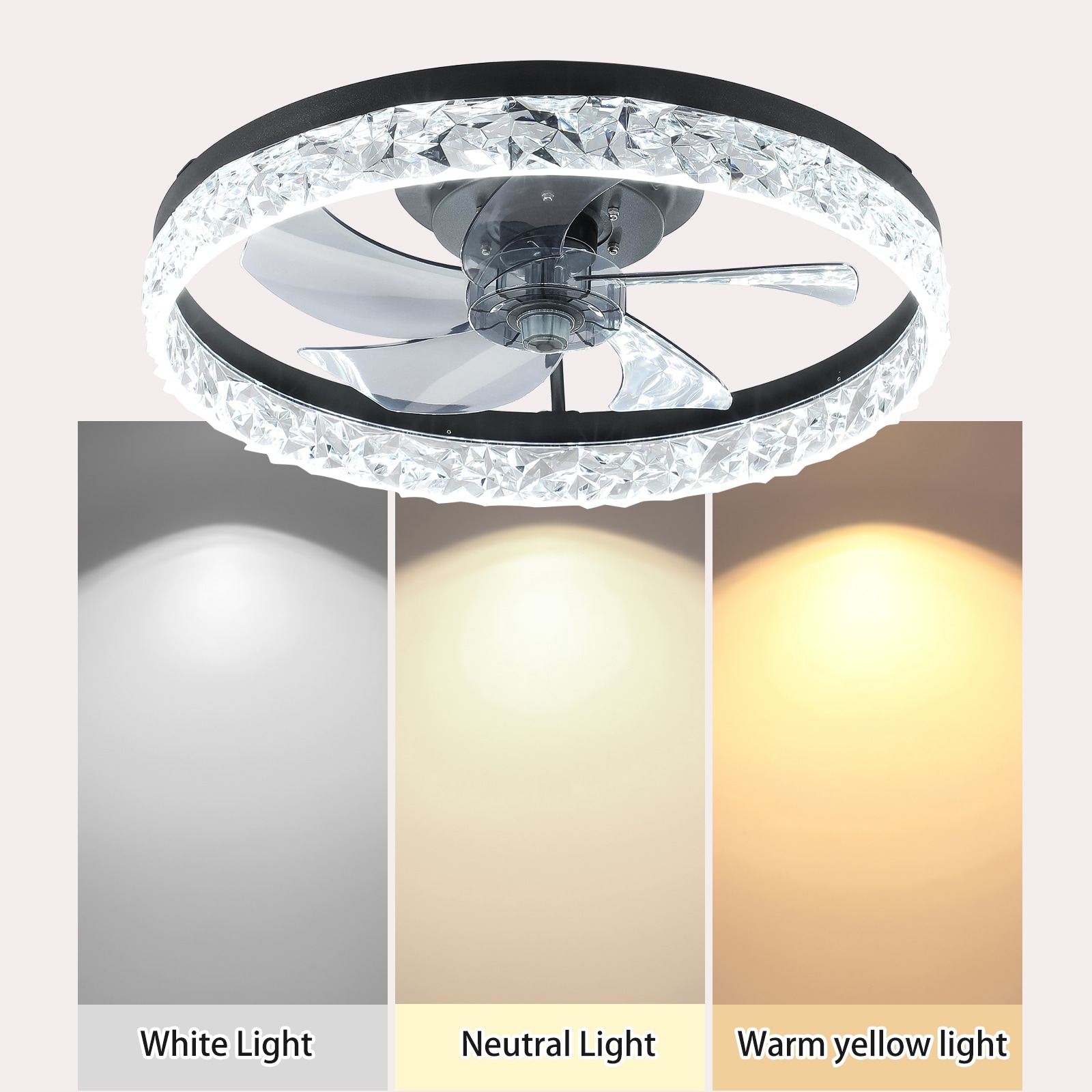 19.7" Low Profile Crystal Ceiling Fan with Light, Remote, 6 Speeds & Timer Setting, Crystal Chandelier Ceiing Light with Fan