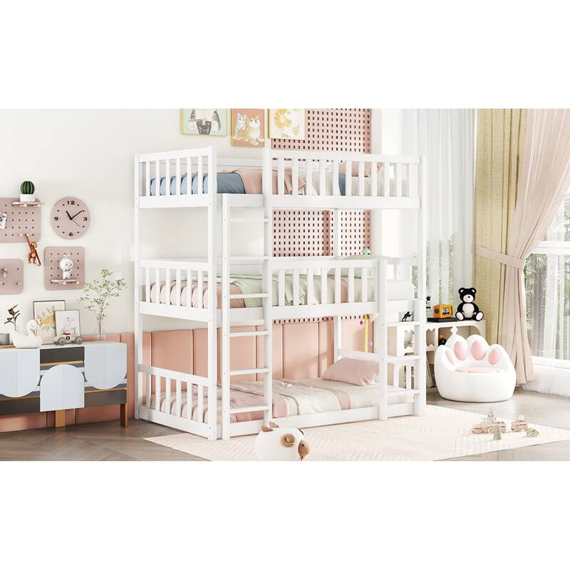 Roomfitters Twin Triple Bunk Bed, Rubber Wood Detachable Design with Ladders and Guardrails, Twin over Twin over Twin