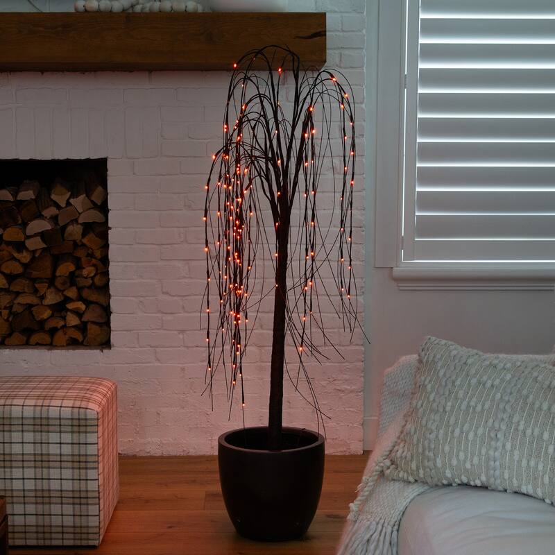 Pre-Lit Willow Artificial Halloween Tree - 5' - Black - Dual Color LED Lights