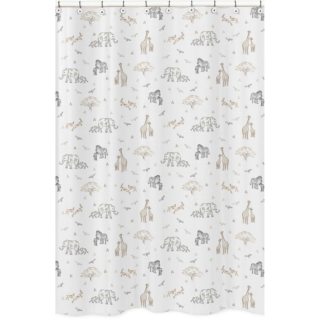 Jungle Safari Animals Bathroom Fabric Bath Shower Curtain Taupe Black and White Gender Neutral Elephant Zebra Wildlife Adventure