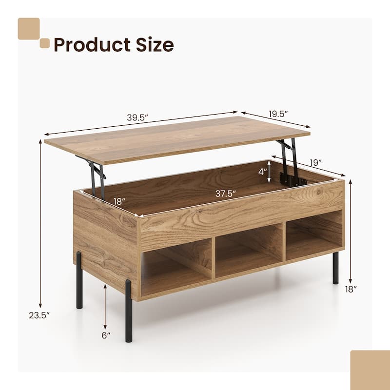 Living Room Lift Top Coffee Table w/ Storage & 3 Open Cubbies