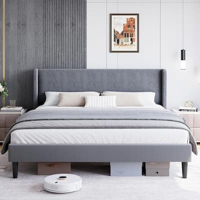 Platform Bed Frame with Upholstered Wingback Headboard