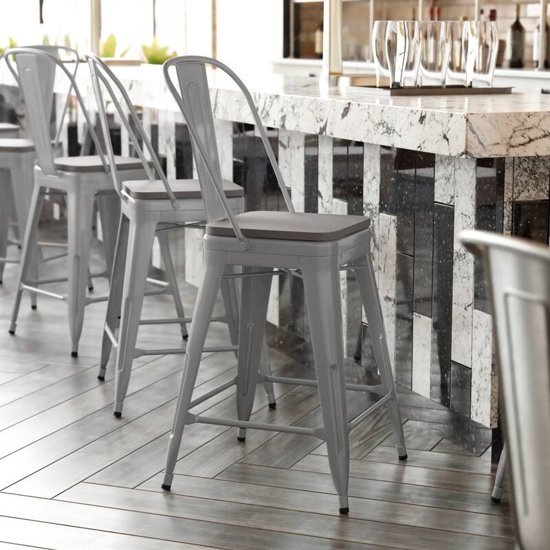 All-Weather Commercial Counter Stool with Removable Back & Poly Resin Seat - Silver/Grey