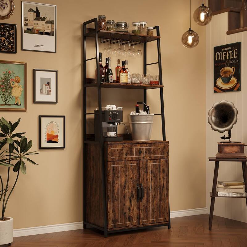 3 Tiers Bakers Racks for Kitchens, Wood+Metal Freestanding Bakers Rack with Cabinet