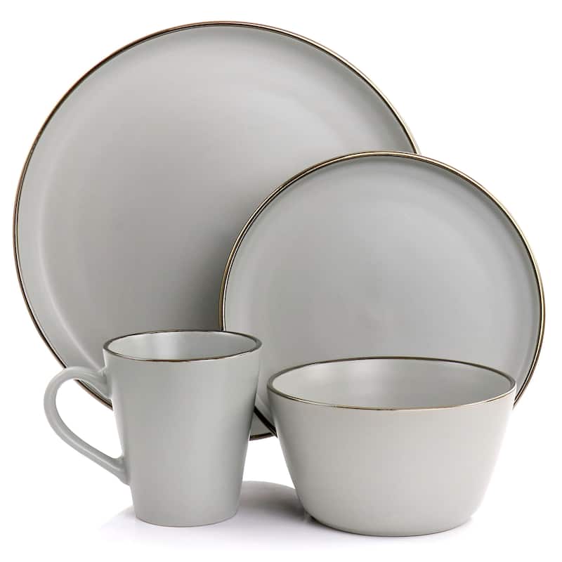 Elama Louis Stoneware Dinnerware Set in Matte Slate w/ Gold Rim - 16 Piece Set