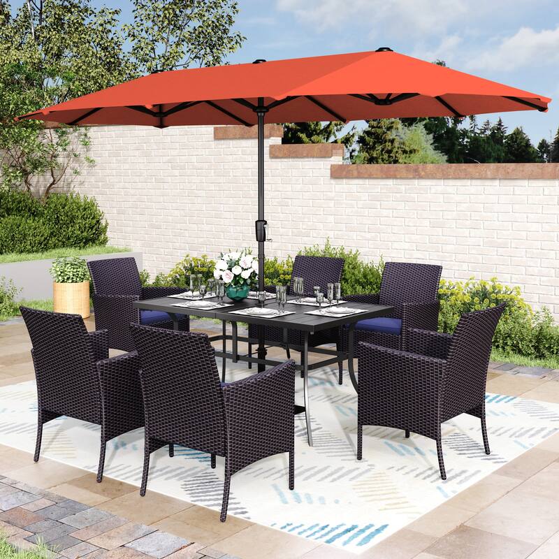 MAISON ARTS 7/8 Pieces Outdoor Patio Dining Set, 6 PE Rattan Chairs with Cushions and 1 Rectangle Metal Table