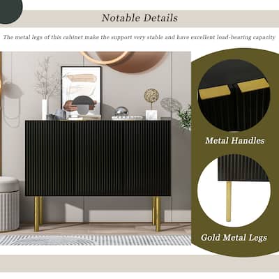 Pinstripe Design Buffet Sideboard w/ Gold Metal Legs & Handles - Black