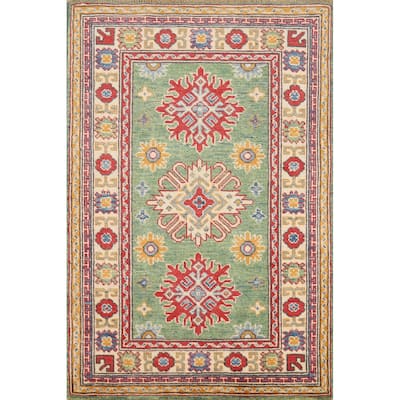Green Geometric Kazak Foyer Rug Handmade Wool Carpet - 2'6"x 3'10"