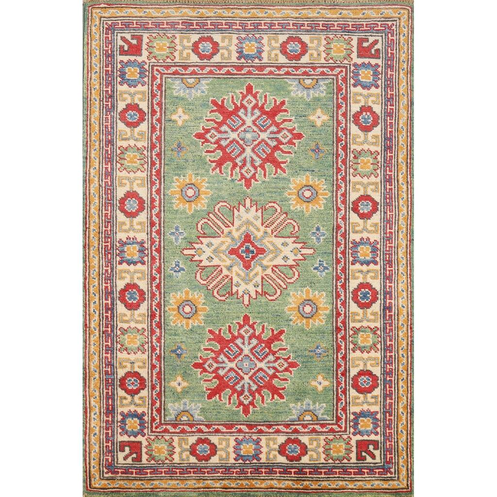 Green Geometric Kazak Foyer Rug Handmade Wool Carpet - 2'6"x 3'10"