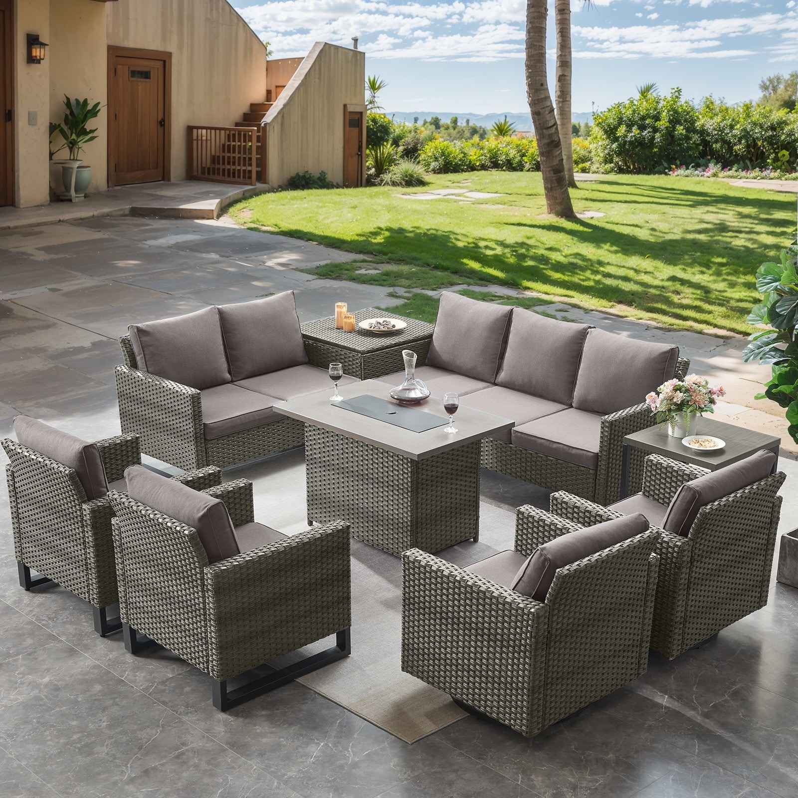 Fire Pit Table with Outdoor Patio Chair Sofa Table - Grey cushion