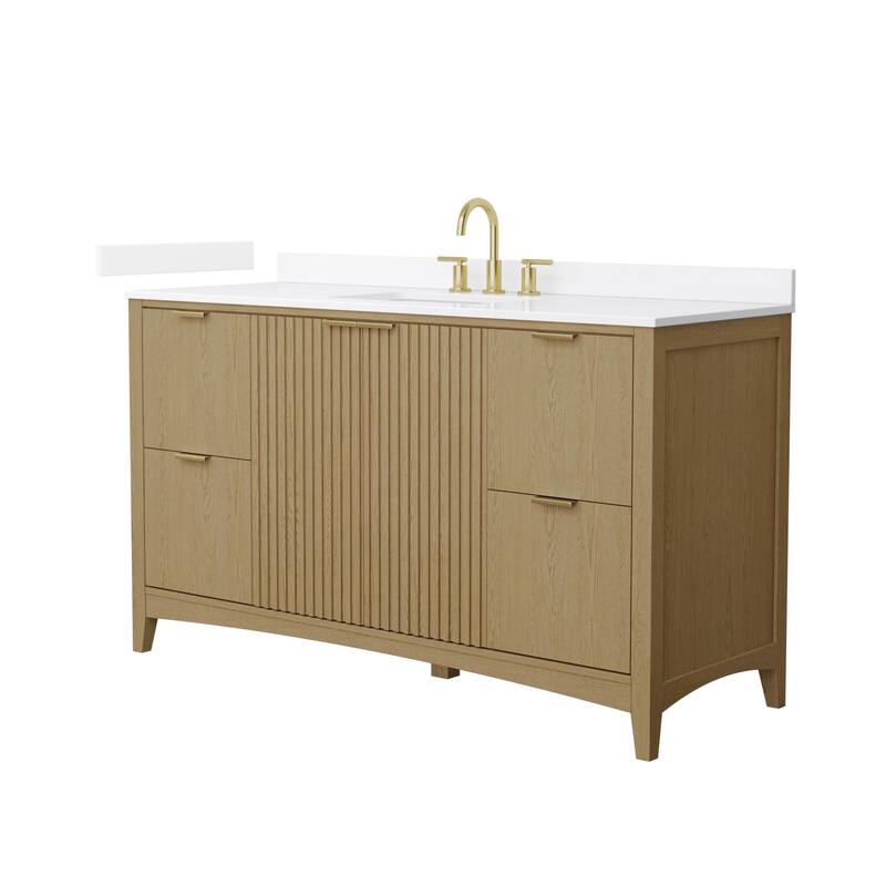 Wyndham Collection WCF9191-60S-QTZ-US3MXX Palmilla 60" Free Standing - Natural Oak / White Quartz Top / Brushed Gold