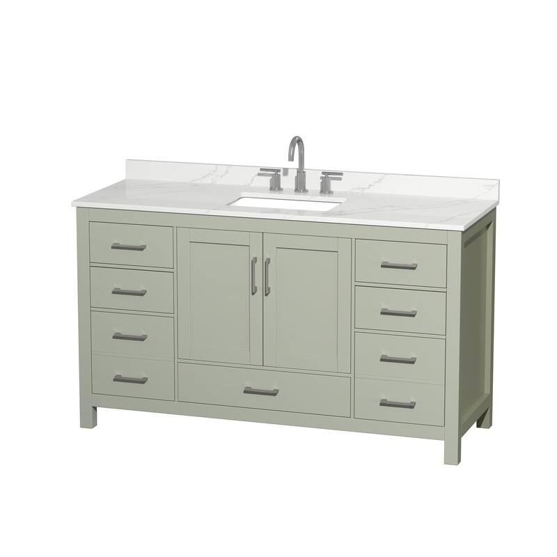 Sheffield 60-inch Single Vanity, 3 Hole Quartz Top - Light Green, Nickel Trim, Giotto Quartz Top