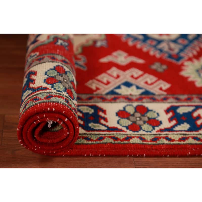 Red Kazak Foyer Rug Handmade Geometric Wool Carpet - 2'11"x 3'11"