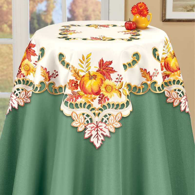 Embroidered Autumn Pumpkin Intricate Cutwork Table Linens - Square