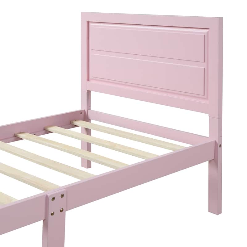 Wood Platform bed Twin bed Frame Mattress Foundation with Headboard and Wood Slat Support (Pink)
