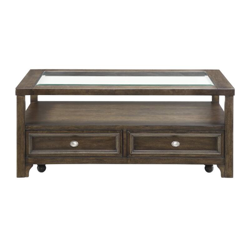 Berny Coffee Table, 2 Drawer and Glass Top, Charcoal Brown 46 Inch