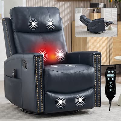 Genuine Leather Heat Massage Manual Recliner Chair with Rocker and Swivel