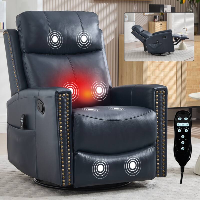 Leather Heat Massage Manual Recliner Chair with Rocker and Swivel for Living Room - Blue