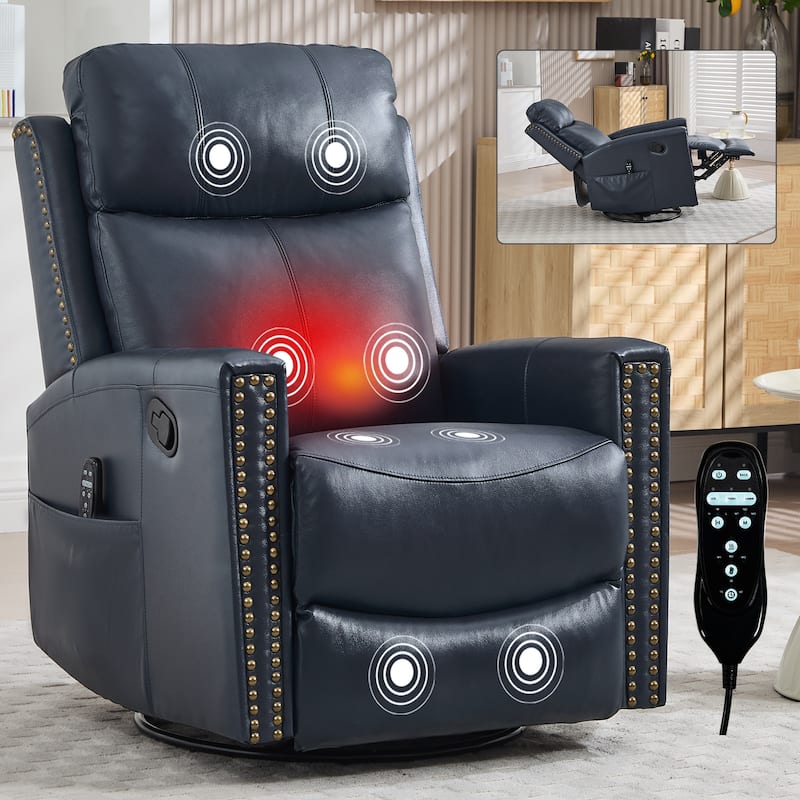 Roomfitters Genuine Leather Swivel Rocker Recliner, Manual Massage Glider with Heat and Top Grain Cowhide, Living Room - Blue