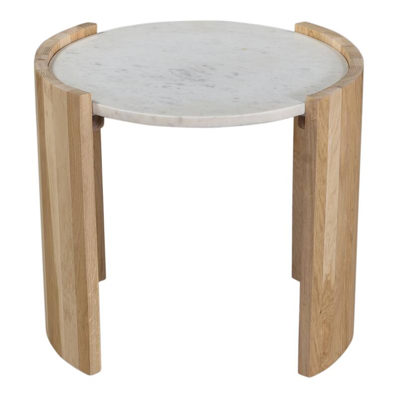 NADAAL STUDIOS Crest Side Table, Banswara White Marble Top, Solid Oak Base, Oval, White