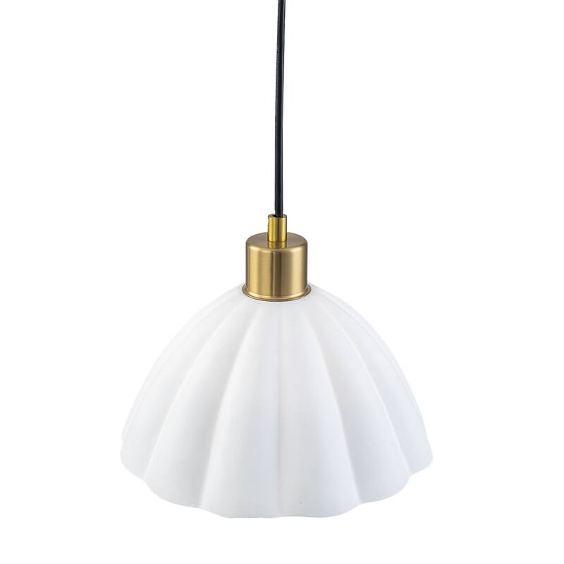 1-Light Pendant Light with Fluted White Ceramic Dome & Brass Accents - Dia.9.65-in