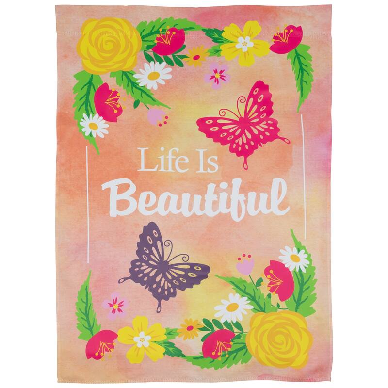 Life is Beautiful Pink Floral Outdoor House Flag 28" x 40"