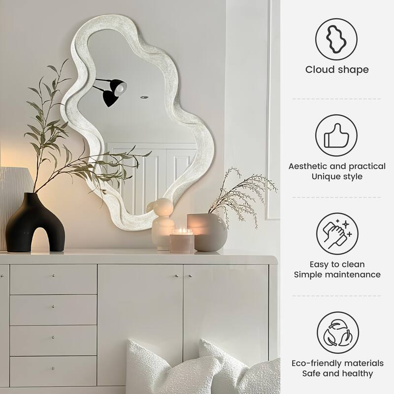 Glitzhome 31.75"H Washed White Fall Wood Frame Wavy Wall Mounted Mirror - 31.75"H x 19.75"L