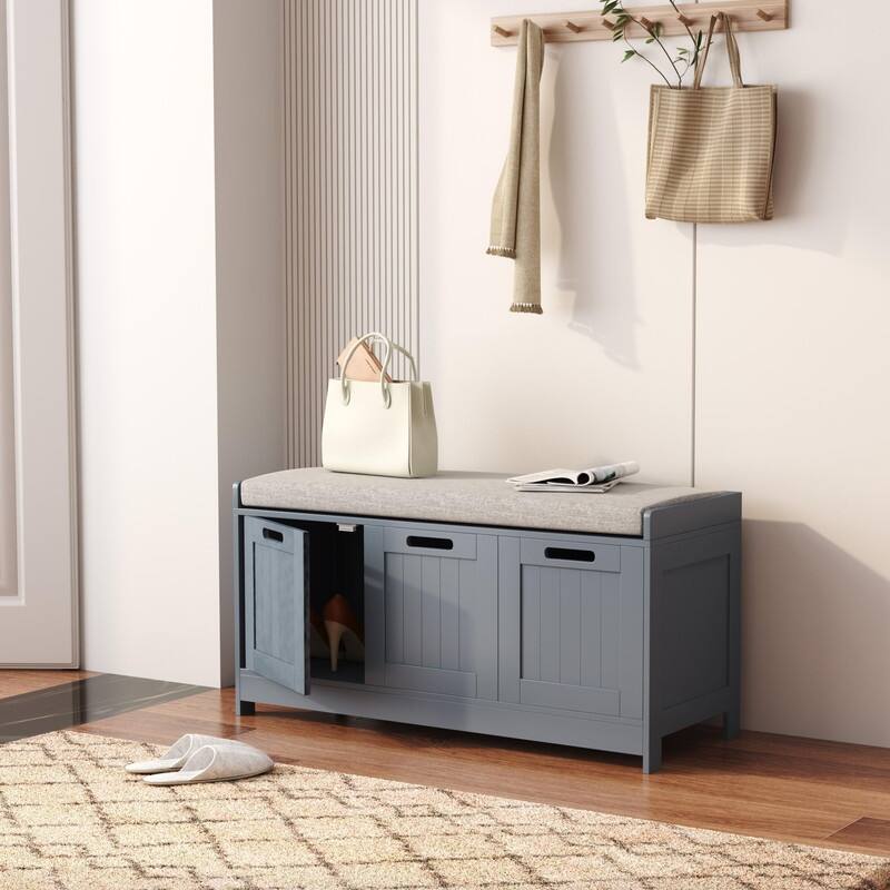 Wooden Shoe Bench with 3-Door Cabinets - 12.6"D x 35.3"W x 17.7"H
