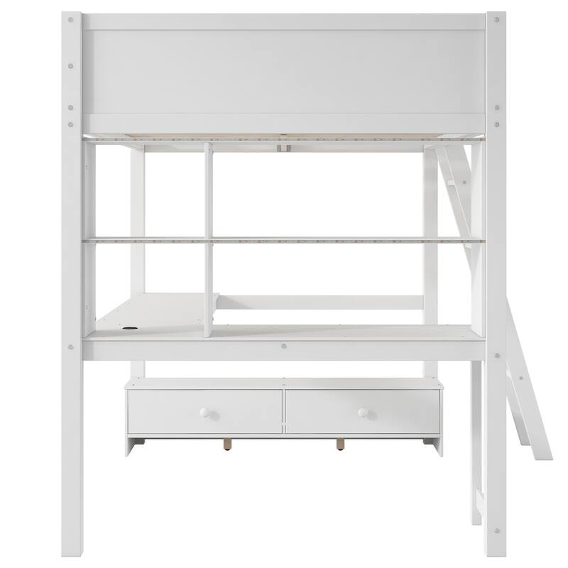 Loft Bed with L-shaped Multi-storage Desk, LED light and USB Charging Station, Storage Bench with 2 Drawers