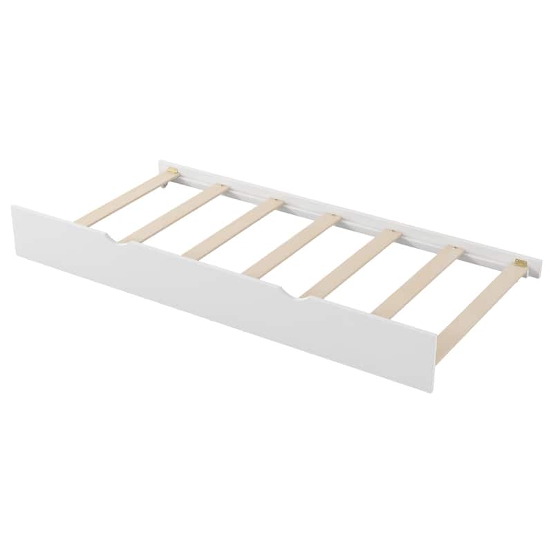 Roomfitters Twin Wood Platform Bed with Trundle, Storage Headboard and Multi-Level Shelves
