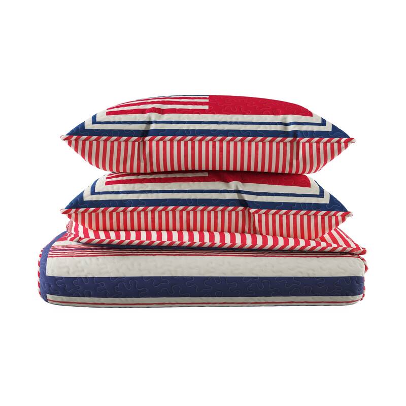 Quilt Set - Glory Bound Microfiber Patriotic Americana Flag Bedspread with Pillow Shams by Windsor Home