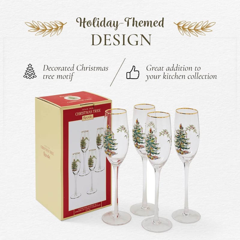 Spode Set of 4 Christmas Tree Champagne Flutes - 2.75" D x 10.25" H
