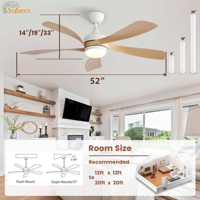 52 Inch Ceiling Fan with Remote & Lights Quiet DC Motor 5 Blade High CFM Modern Fan