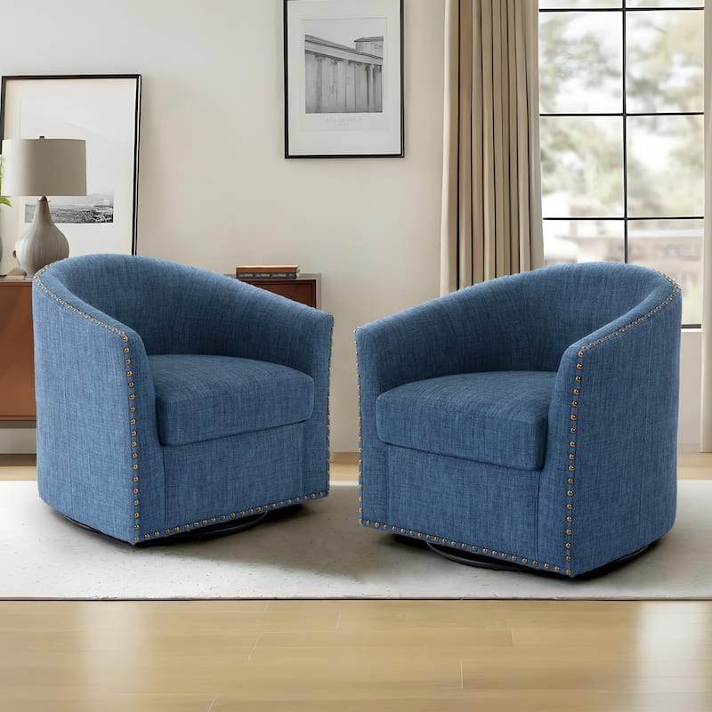 George 2 Set 30"W Upholstered Swivel Barrel Chair with Nailheads - Blue