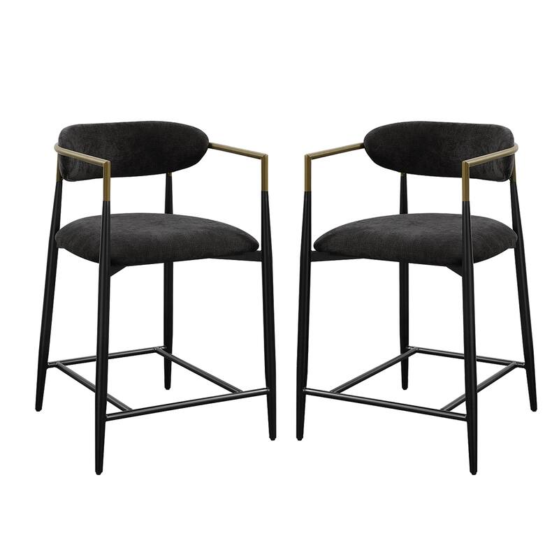 Set of 2 Chenille Upholstered Counter Height Chairs with Tapered Legs in Black - Black - Set of 2