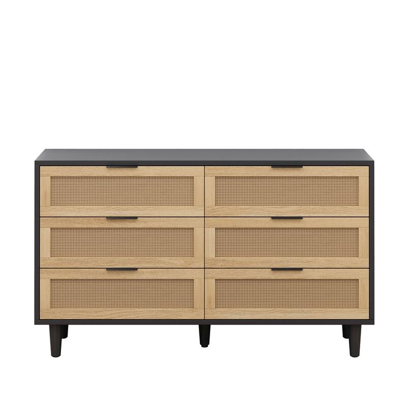 51" Rattan Storage Cabinet with 6 Drawers and Wood Legs