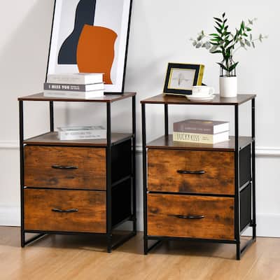 Set of 2 Iron Nightstands Shelf Storage with Fabric Drawer