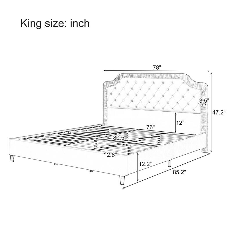 Upholstered bed with pleated trim and button tufted headboard