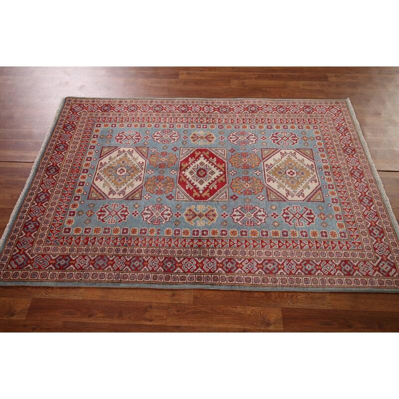 Light Blue Geometric Kazak Oriental Rug Bedroom Handmade Wool Carpet - 3'11" x 5'10"